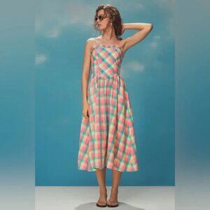 Anthropologie Hunter Bell Corey Strapless Ruffle-Trim Midi Dress Key Largo Plaid